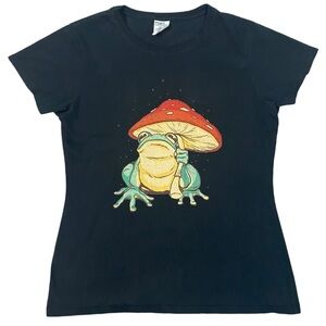 Retro Frog Under Mushroom Umbrella Baby Tee Black Women’s Medium Cottagecore